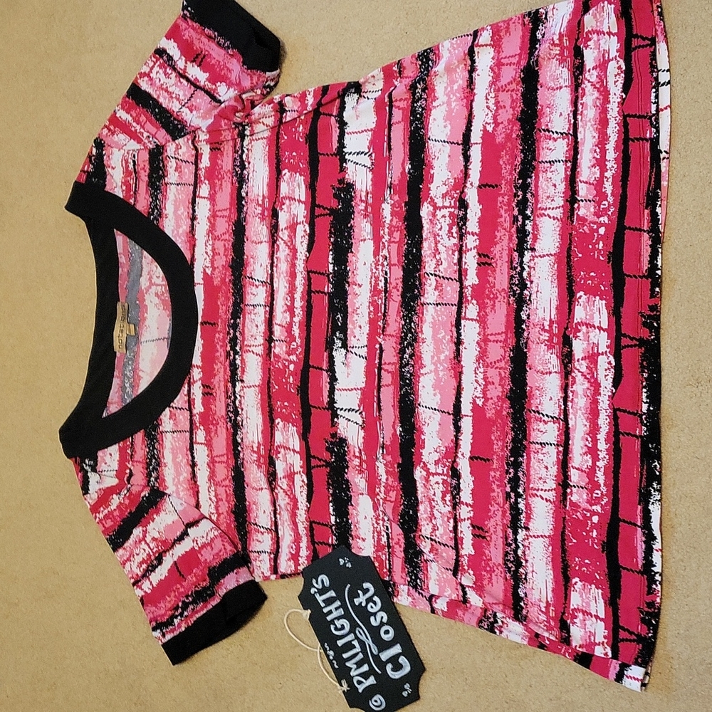 Notations Blouse XL Short Sleeve Flame Stitch Pink Black White